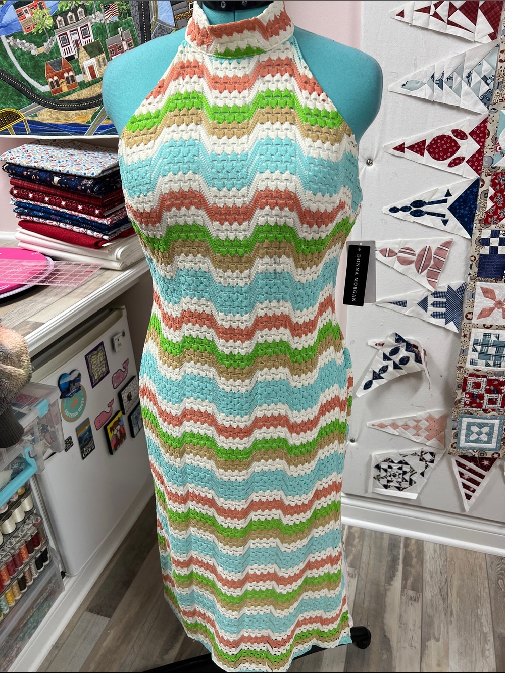 Donna Morgan Chevron Knit Midi Dress in Aqua, Lime & Coral